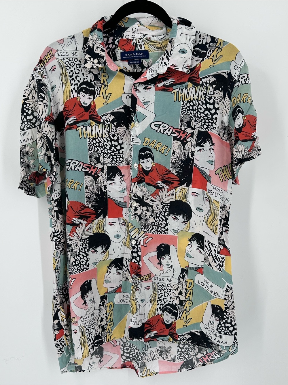 Zara Man Comic Book Pop Art Short Sleeve Button Down Shirt Multicolor XL
